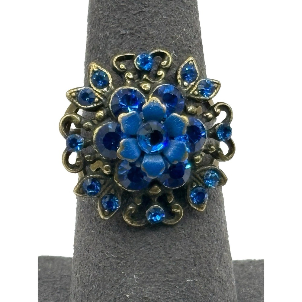 Blue Flower Ring VTG Filigree‎ Rhinestone Adjustable Gold Tone Enamel Cocktail